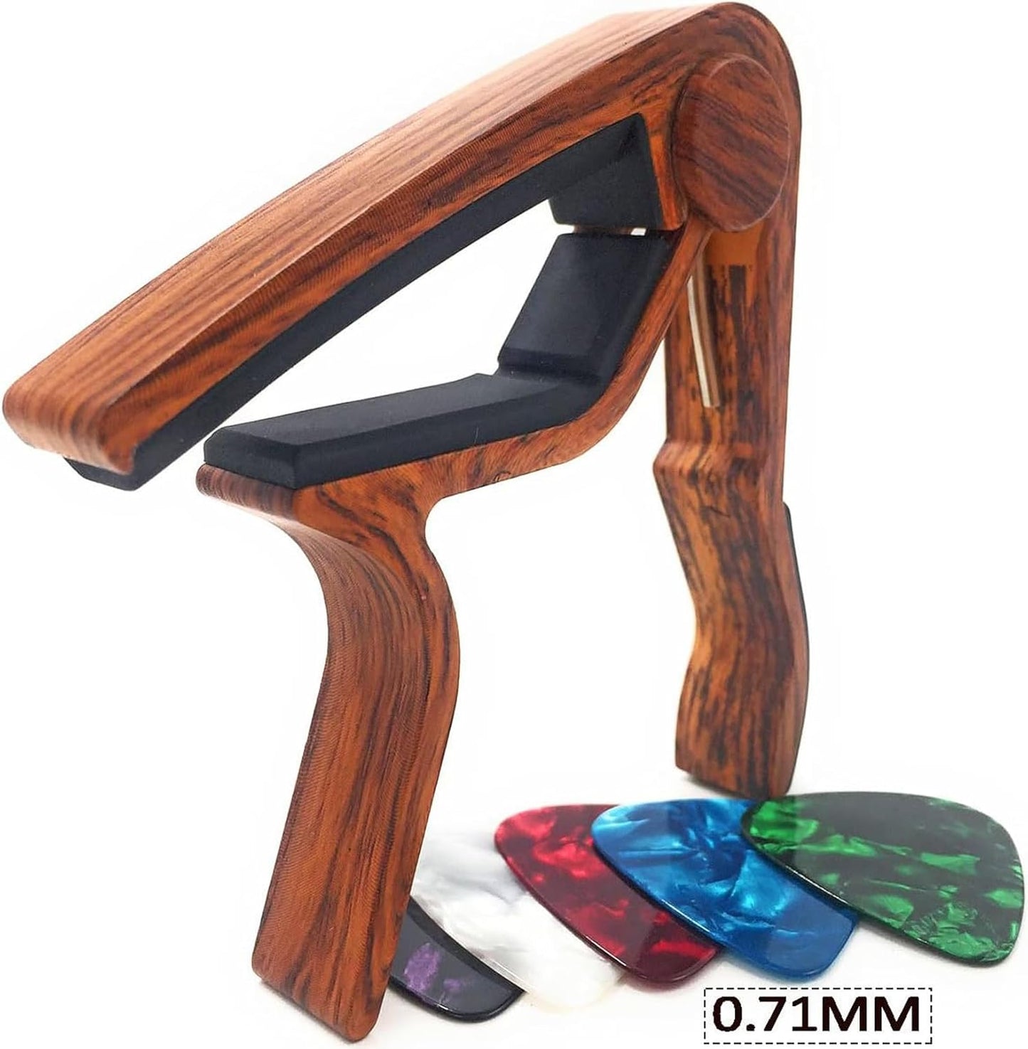 WINGO Kapodaster aus Holz für 6-saitige Akustik-E-Gitarren, Bässe, Ukulelen – Palisander, inkl. 5 Plektren