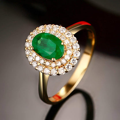 Aienid 18Ct Yellow Gold Diamond Engagement Rings Women 0.74Ct Cut Emerald Two Row Diamond Engagement Ring for Her