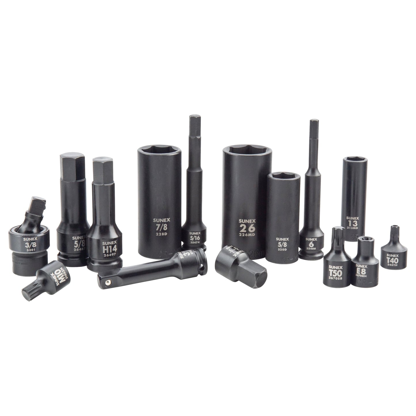 SUNEX Tools 80 Piece 3/8 in. Drive Master Impact Socket Set, Universal, Star, External Star, Extensions, Universal Joint, SAE and Metric, 8mm to 19mm and 5/16 in. to 3/4 in., CR-MO Steel, Model 3580