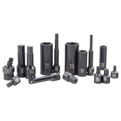 SUNEX Tools 80 Piece 3/8 in. Drive Master Impact Socket Set, Universal, Star, External Star, Extensions, Universal Joint, SAE and Metric, 8mm to 19mm and 5/16 in. to 3/4 in., CR-MO Steel, Model 3580