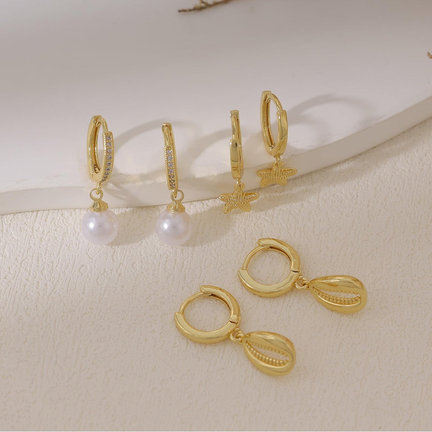 Gold Earrings For Women, Dainty Huggie Earrings Stack 14K Gold Plated Pearl Dangle Earrings for Women Trendy Cute Hypoallergenic Unique Gold Earring Stack Fashion Gold Jewelry Gifts