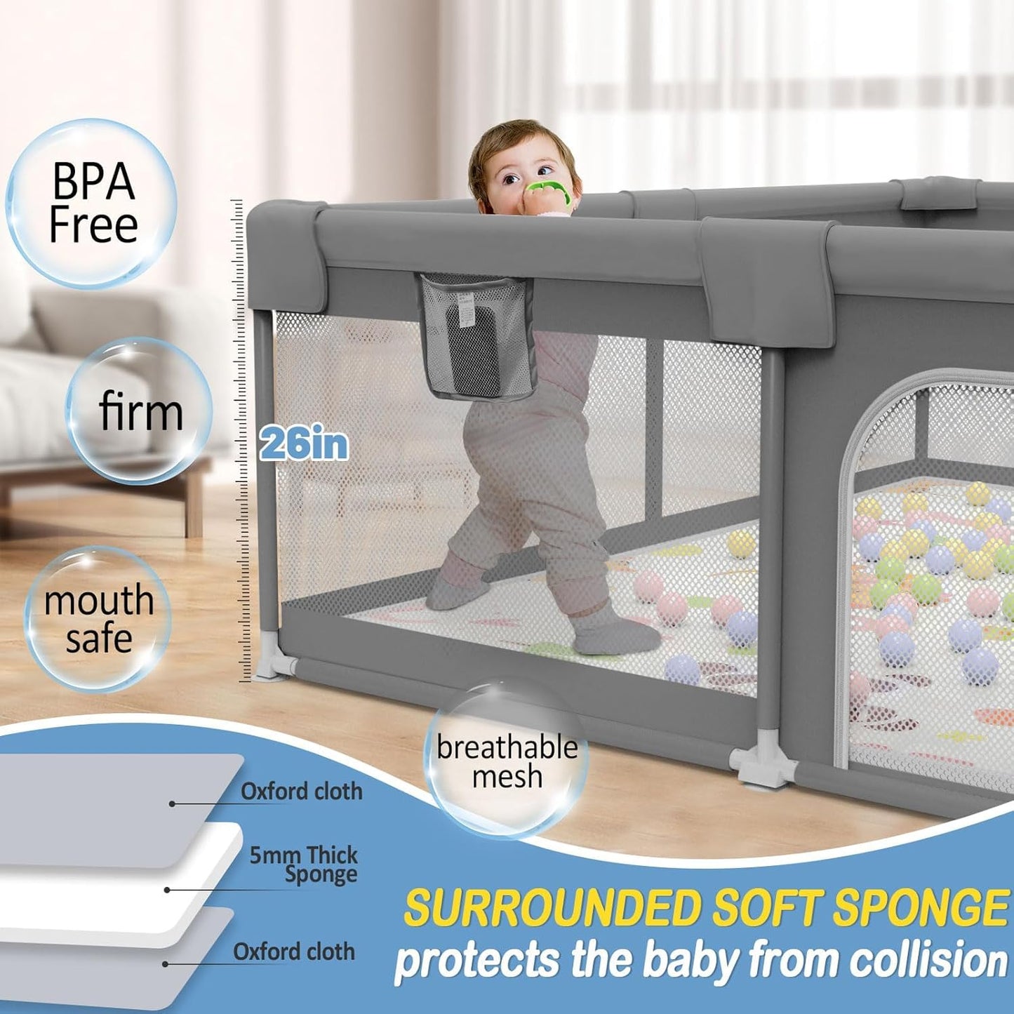 Palopalo Baby Laufgitter, 180x150cm Extra Großer Laufstall für Babys und Kleinkinder, Baby-Aktivitätszentrum mit 8 Saugnapfbasen, Baby-Laufstall mit Tür und weichem, atmungsaktivem Netz, Ohne Matte