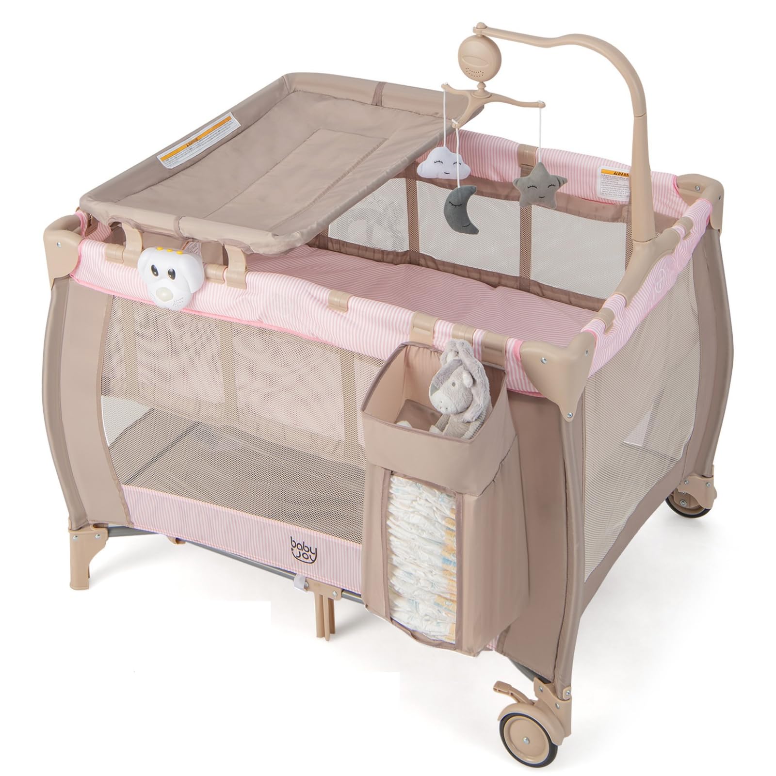Costzon 3 in 1 Pack and Play with Bassinet, Portable Baby Playard with Changing Table, Music Box, Hangings, Wheels/Brake, Basket, Foldable Infant Bassinet Crib for Baby Toddlers Indoor Outdoor