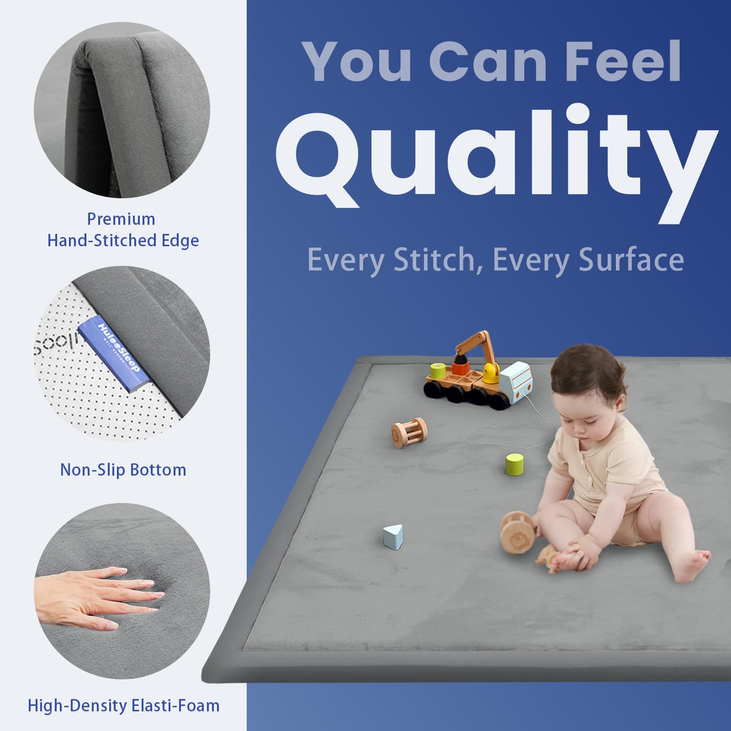 Huloo Sleep Ultra Soft Baby Spielmatte für den Boden, 3,3 cm dicke Elasti-Foam 127x127 cm Laufgittermatte für Kleinkinder, rutschfeste Rückseite, sicher zum Krabbeln und für die Bauchlage, Tatami-Stil (Dunkelgrau)