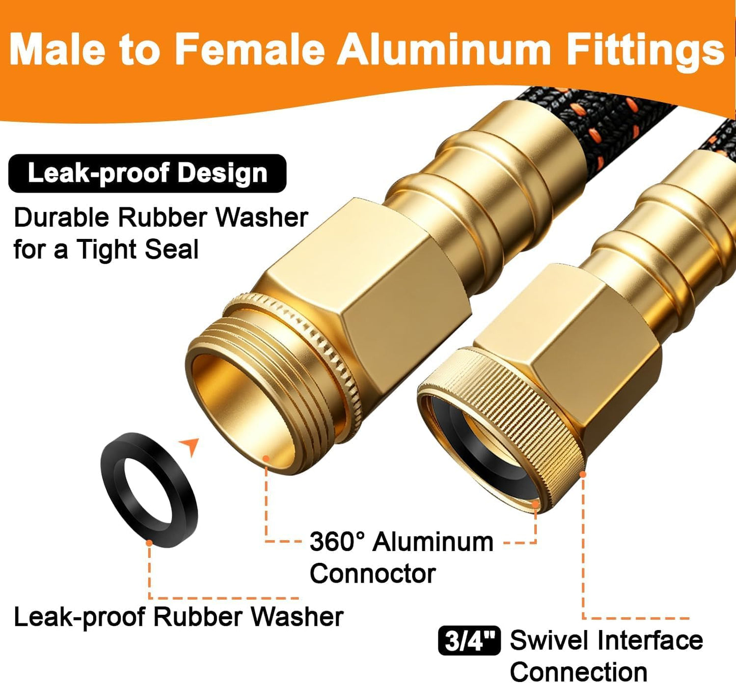 50FT Flexible Garden Hose & 10Modes Nozzle,None Expanding Lightweight Water Hose,Kink-Free,All-Weather 3/4 in. Hose for RV,Boat,Car Wash,Garden,Yard,Camper,Outdoor (Orange-Black, 50 Feet)
