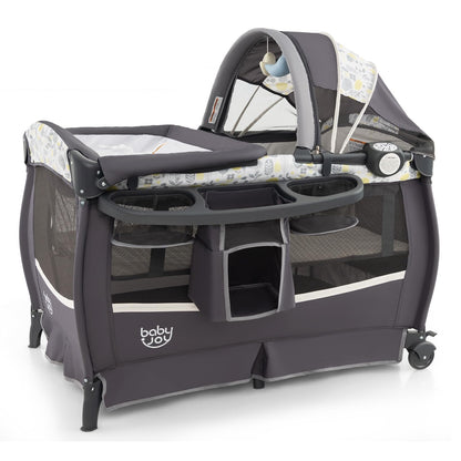 BABY JOY 4 in 1 Pack and Play, Portable Baby Playard with Bassinet & Flip-Away Changing Table, Canopy, Portable Bedside Crib with Storage Basket, Oxford Bag, Infant Bassinet from Newborn to Toddlers