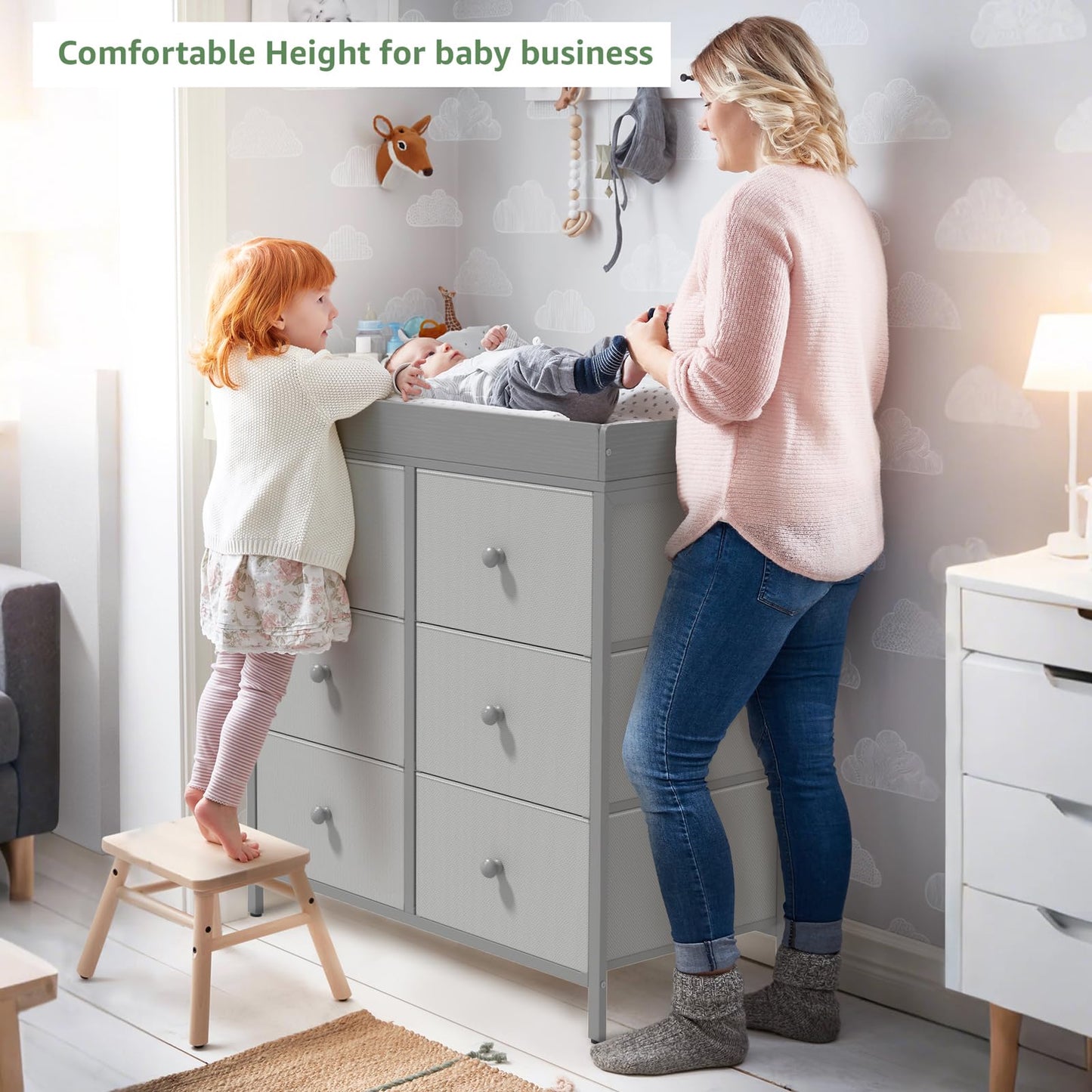 BOLUO White Changing Table Dresser with 6 Drawers Baby Dresser with Changing Table Top Diaper Changing Station with Storage for Nursery Modern