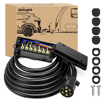 Nilight Heavy Duty 7 Way Inline Trailer Plug 8 Feet Connector Cable 7Pin RV Round Extension Wiring Harness Weatherproof Junction Box for RV Towing Car