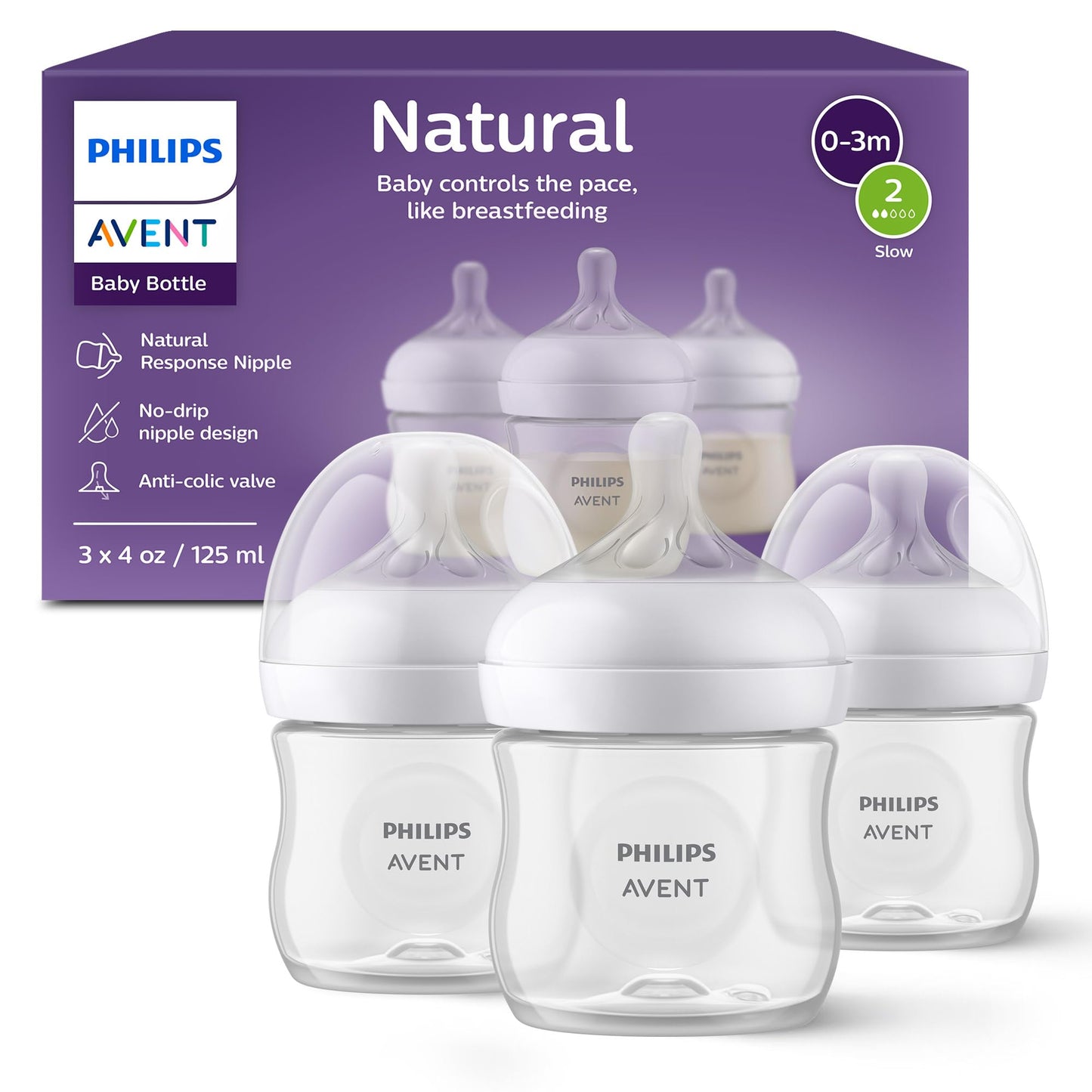 Philips Avent Natural Baby Bottle with Natural Response Nipple (Medium Flow,Flow 3), 9oz, SCY903/01