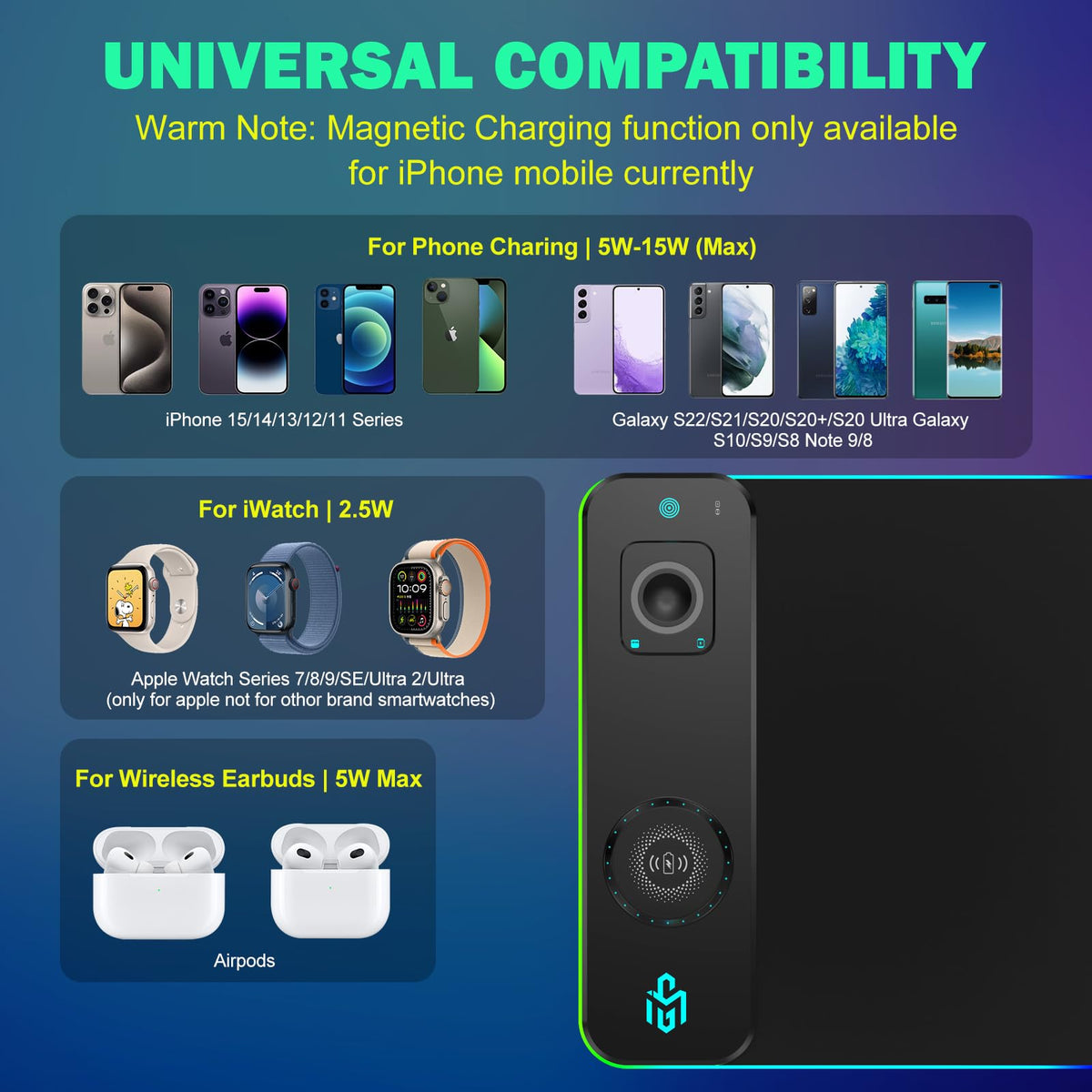 GIM Wireless Charging RGB Gaming Mouse Pad LED Desk Mat with Foldable Phone Stand