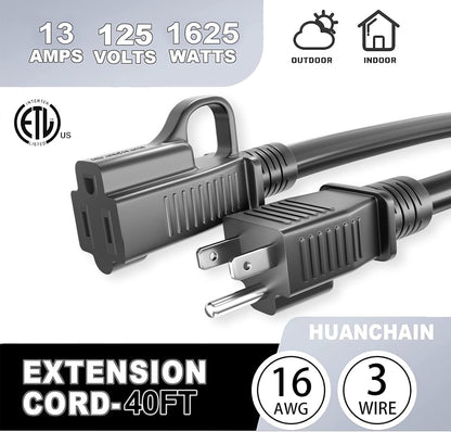 HUANCHAIN Indoor Outdoor Black Extension Cord 25 ft Waterproof, 16/3 Gauge Flexible Cold-Resistant Appliance Cable Outside, 13A 1625W 16AWG SJTW, 3 Prong Electric Cord, ETL