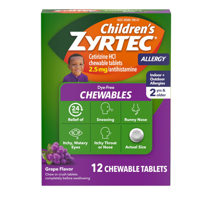 Zyrtec Children's Dye-Free Chewables for 24 Hour Allergy Relief, 10 mg Cetirizine Hydrochloride Antihistamine Tablets, Kids Allergy Medicine Relieves Sneezing & Itchy Throat, Grape, 48 ct(Pack of 2)