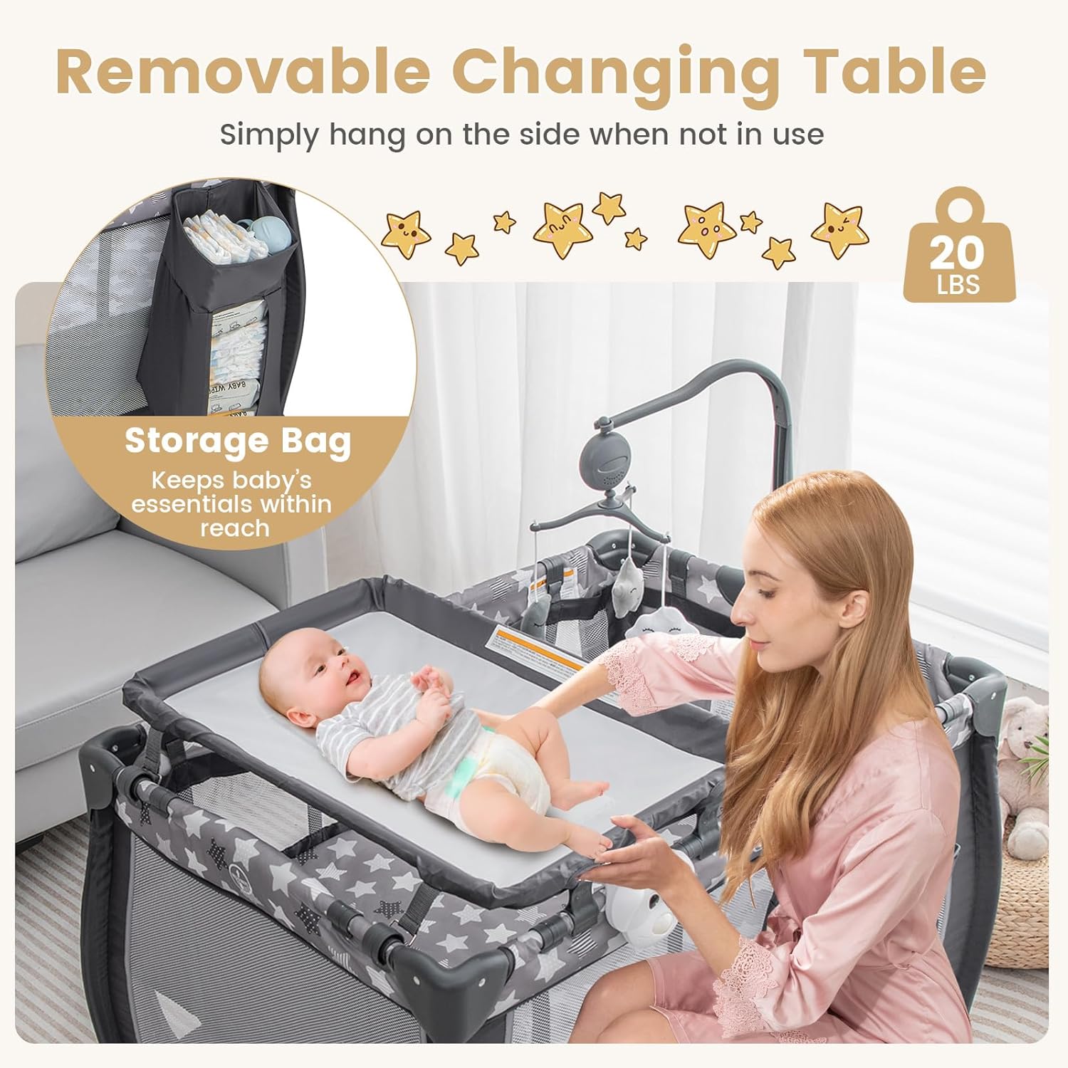 Costzon 3 in 1 Pack and Play with Bassinet, Portable Baby Playard with Changing Table, Music Box, Hangings, Wheels/Brake, Basket, Foldable Infant Bassinet Crib for Baby Toddlers Indoor Outdoor