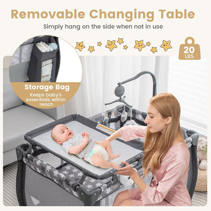 Costzon 3 in 1 Pack and Play with Bassinet, Portable Baby Playard with Changing Table, Music Box, Hangings, Wheels/Brake, Basket, Foldable Infant Bassinet Crib for Baby Toddlers Indoor Outdoor