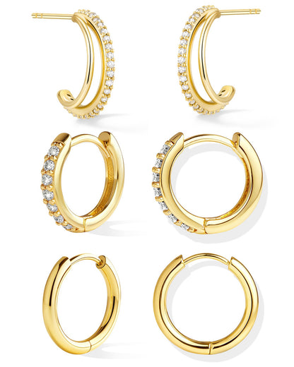 Inerney 14K Gold Plated Huggie Hoop Earrings for Women, Small Sterling Silver Earring Set Hypoallergenic Cartilage Helix Stacks, Mini Dainty Cute Trendy Birthstone Jewelry Gift for Multiple Piercings