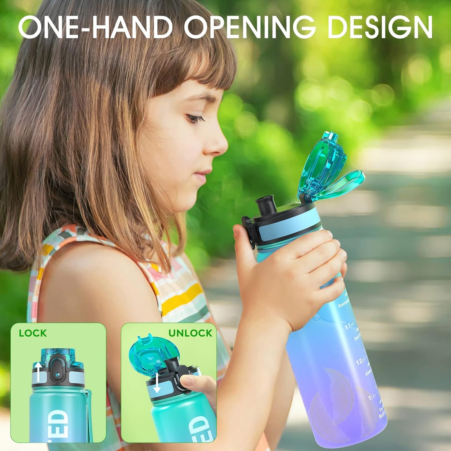 Sahara Sailor Trinkflasche, 950ml Motivations-Sportflasche mit Zeitmarkierung – Trinkzeiten – Tritan, BPA-frei, weite Öffnung auslaufsicher, Fast-Flow-Technologie mit Reinigungsbürste (1 Flasche)