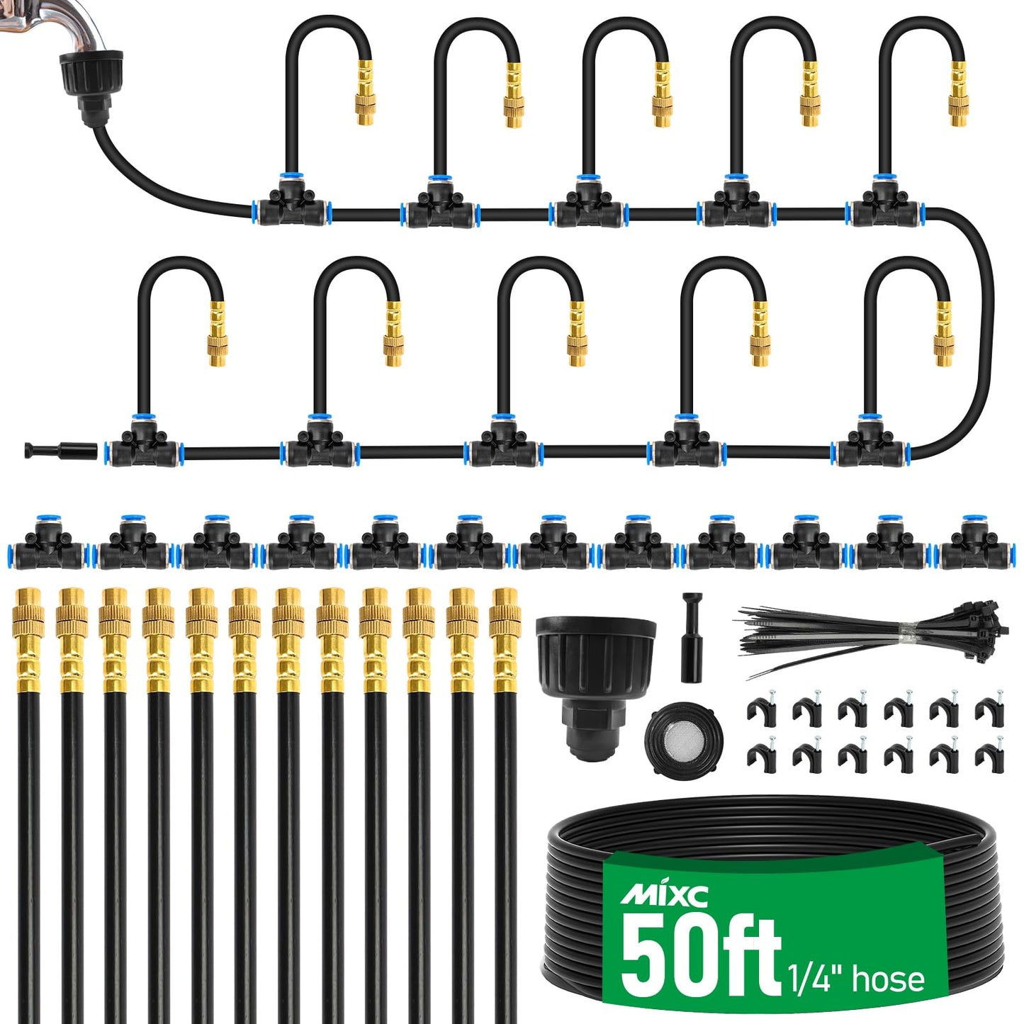 MIXC 1/4" 100Ft Drip Irrigation System for Garden with 16pcs 360°Adjustable Brass Nozzles & Bendable Rod,Upgraded Watering System Kit for Outdoor Plants,Lawn,Raised Bed,Potted Plant,Yard,Greenhouse
