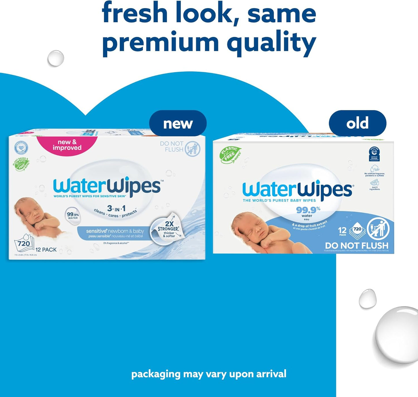 WaterWipes Sensitive+ Baby-Feuchttücher für Neugeborene und Babys, 3-in-1 reinigt, pflegt, schützt, 99,9 % Wasser, unparfümiert & hypoallergen, 720 Stück (12 Packungen)