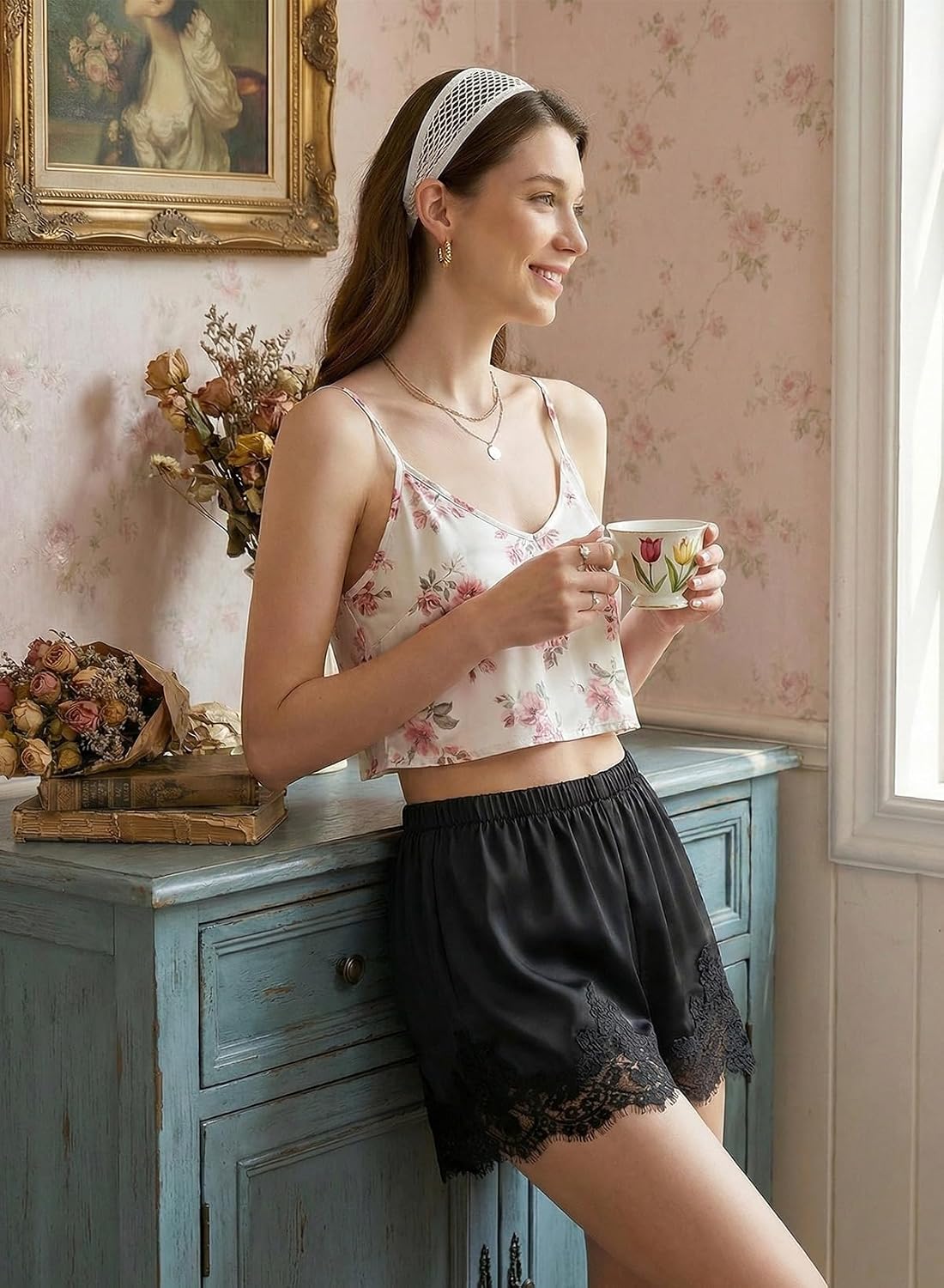 Slip into Summer with EVALESS Satin Silk Lace Shorts