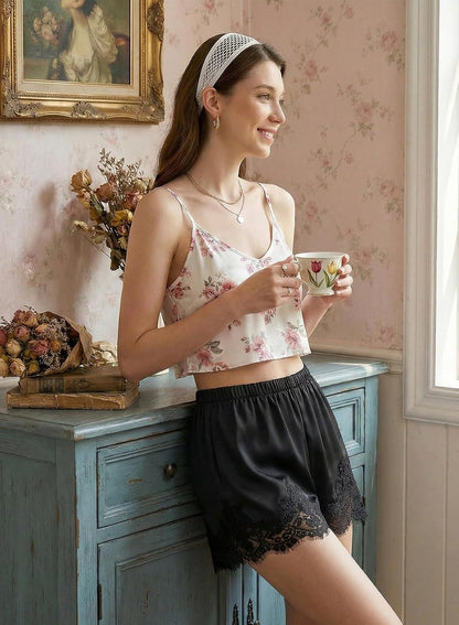 Slip into Summer with EVALESS Satin Silk Lace Shorts