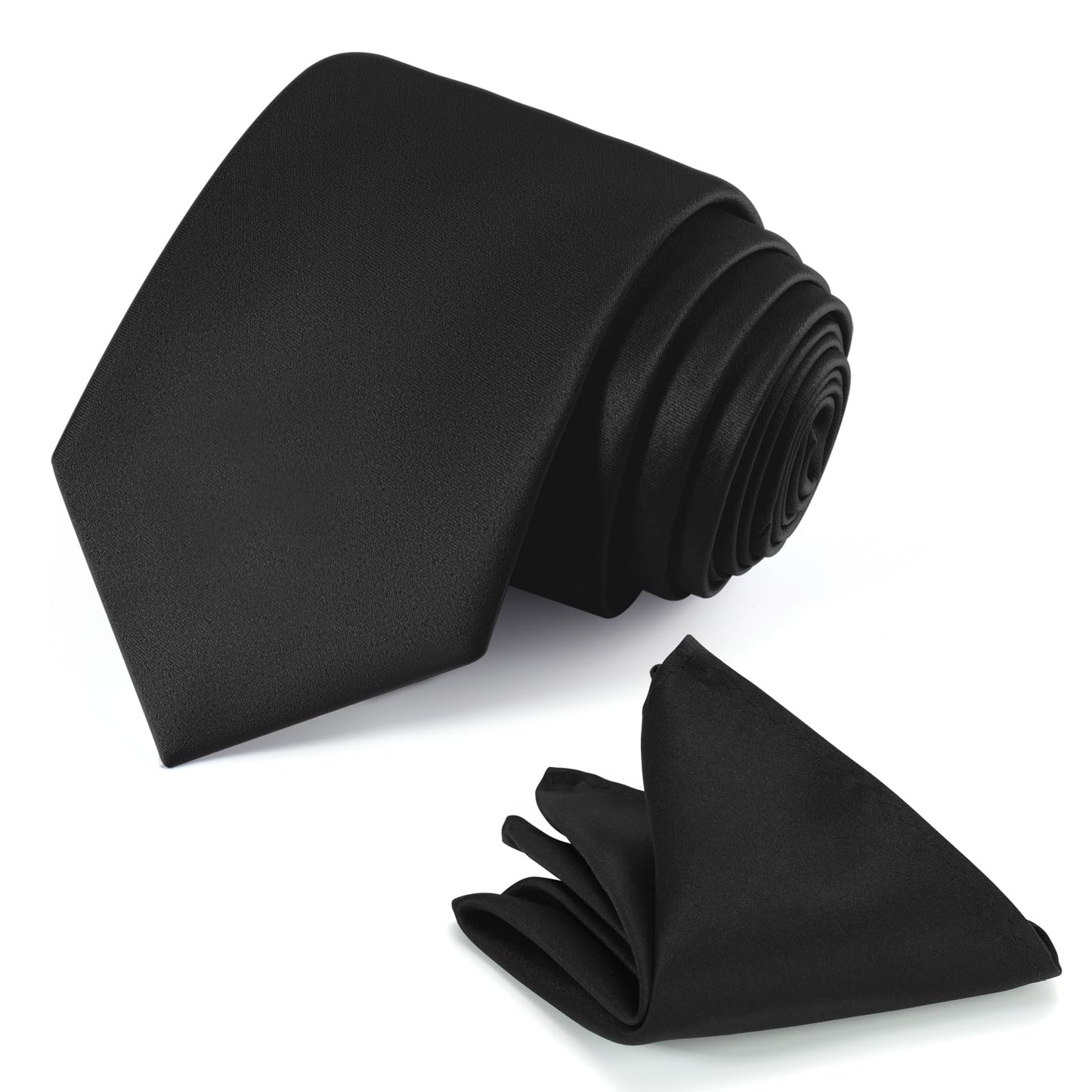 JUNMEISI Black Tie Set in Gift Box Mens Solid Color 3.15" (8CM) Black Necktie and Pocket Square Set