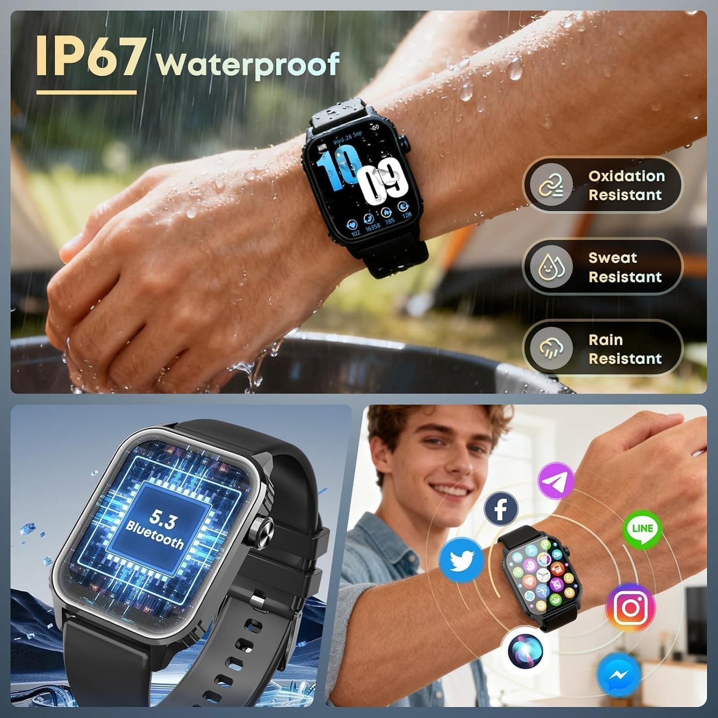 Smartwatches für Damen und Herren, Smartwatch mit 120 Sportmodi, 1,83 Zoll HD-Display, Herzfrequenz-/Schlafmonitor, IP67 wasserdicht, Bluetooth-Anruf- und Musiksteuerung für iPhone/Android (Glänzend Schwarz)