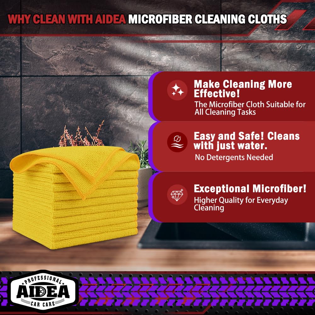 AIDEA Microfiber Cleaning Cloths-50PK, Microfiber Towels for Cars, Premium All-Purpose Car Cloth, Dusting Cleaning Rags, Absorbent Towels for SUVs, House, Kitchen, Window, Gift-12×12"