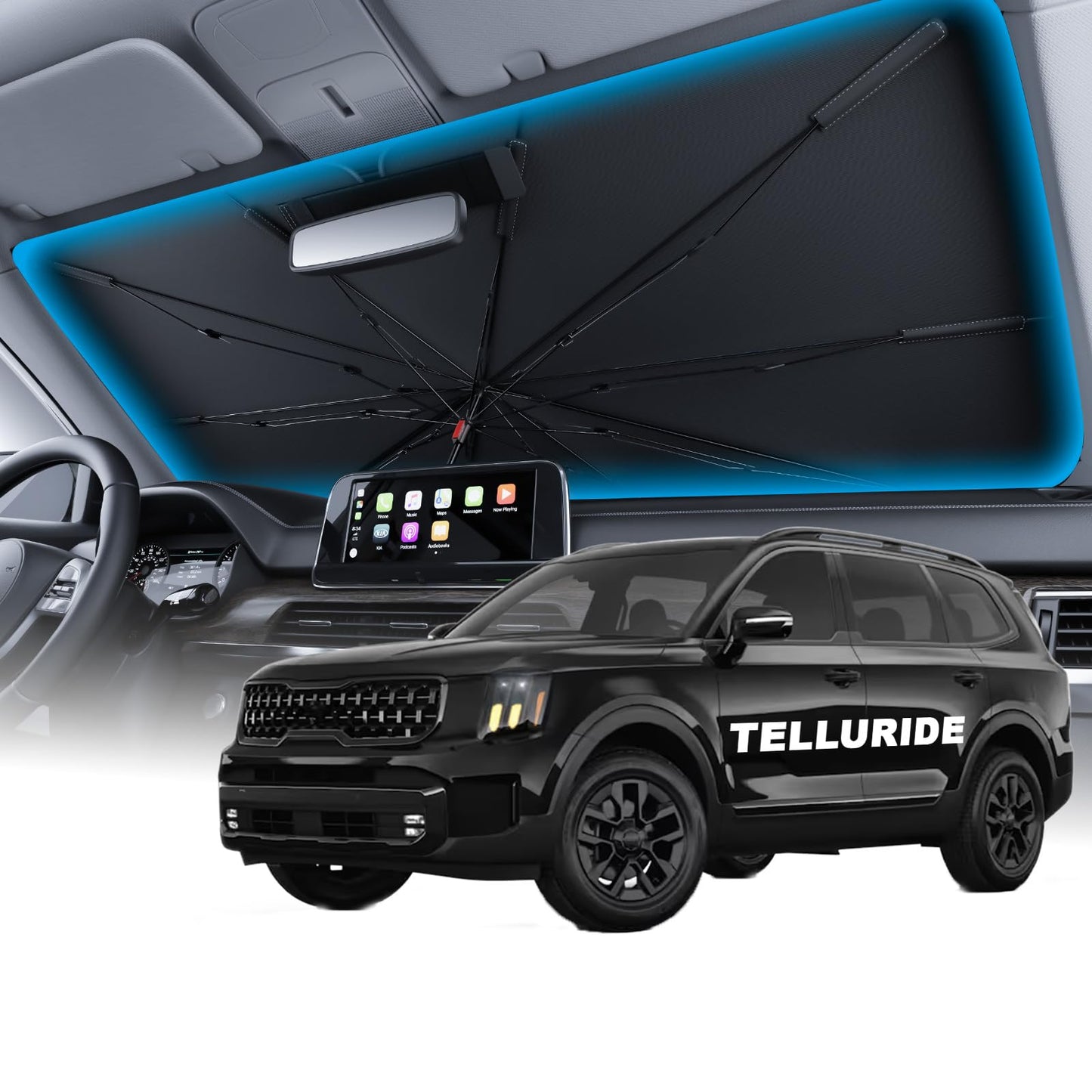Wigoo Windshield Sun Shade Umbrella for Tesla Model Y [100% Sun Blockage, Ice Cooling Fabric] Foldable Heat Insulation Front Window Sunshade Umbrella for Tesla Model Y 2020–2026 (Juniper)