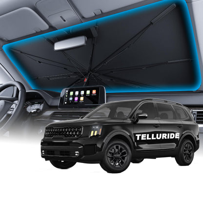 Wigoo Windshield Sun Shade Umbrella for Tesla Model Y [100% Sun Blockage, Ice Cooling Fabric] Foldable Heat Insulation Front Window Sunshade Umbrella for Tesla Model Y 2020–2026 (Juniper)