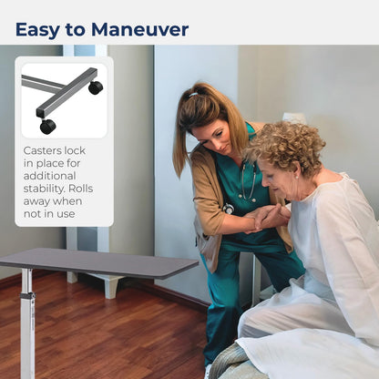 Drive Medical Overbed Table with Wheels - Secure Height Adjustment for Comfort - Non Tilt Surface - Smooth Rolling Design - Home & Hospital Use - Woodgrain Laminate Top - Silver Vein