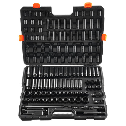 VEVOR 91-Piece 1/2" Drive Impact Socket Set, SAE (5/16" to 1-1/4") & Metric (8 to 32 mm), CR-V, Deep & Shallow, 6 Point, Ratchet Handle, Universal Joint, Adapters, Extension Bars (3, 5, 10 in)