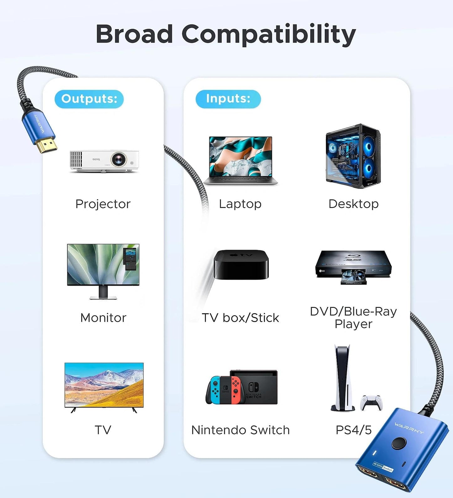 HDMI-Umschalter 2 Eingänge 1 Ausgang 4K@60Hz, WARRKY [mit 1m festem geflochtenen HDMI-Kabel, Aluminiumgehäuse, 2K@144Hz, HDCP 2.2] Bidirektionaler 2x1 Switcher Splitter kompatibel mit PS5/4, Xbox, Roku, FireStick, Switch