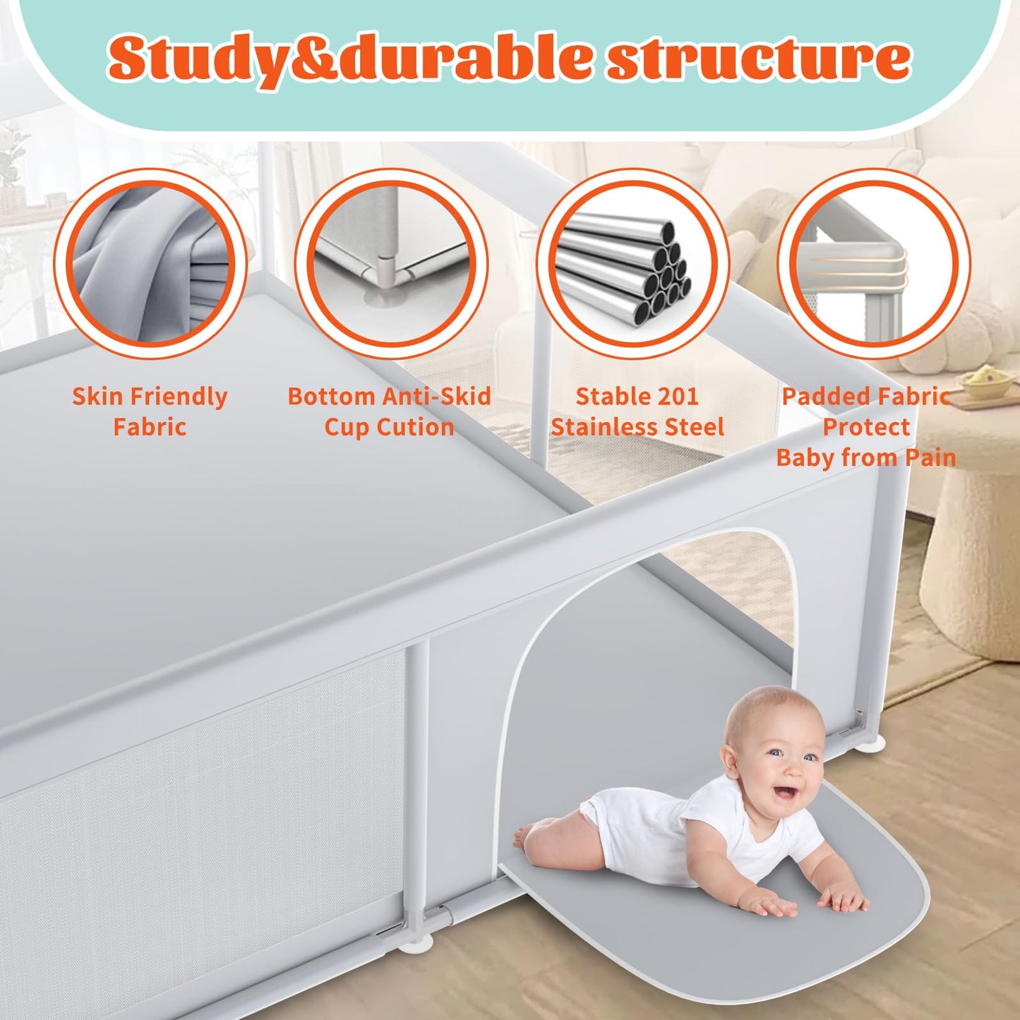 XVISHX 50 x 50 Inch Baby Playpen, Playpen for Babies and Toddlers, Baby Play Pen Playard for Indoor & Outdoor Active Center Game Fence, with Skin-Friendly Fabric and Soft Breathable Mesh, Grey