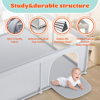 XVISHX 50 x 50 Inch Baby Playpen, Playpen for Babies and Toddlers, Baby Play Pen Playard for Indoor & Outdoor Active Center Game Fence, with Skin-Friendly Fabric and Soft Breathable Mesh, Grey