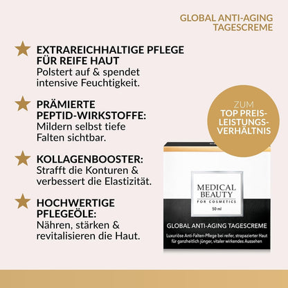 Medical Beauty® Global Anti-Ageing Day Cream Helps to Smooth Pronounced Wrinkles Immediate Effect with Lifting Effect Intensive Nourishing with Hyaluronic Acid for Mature Skin