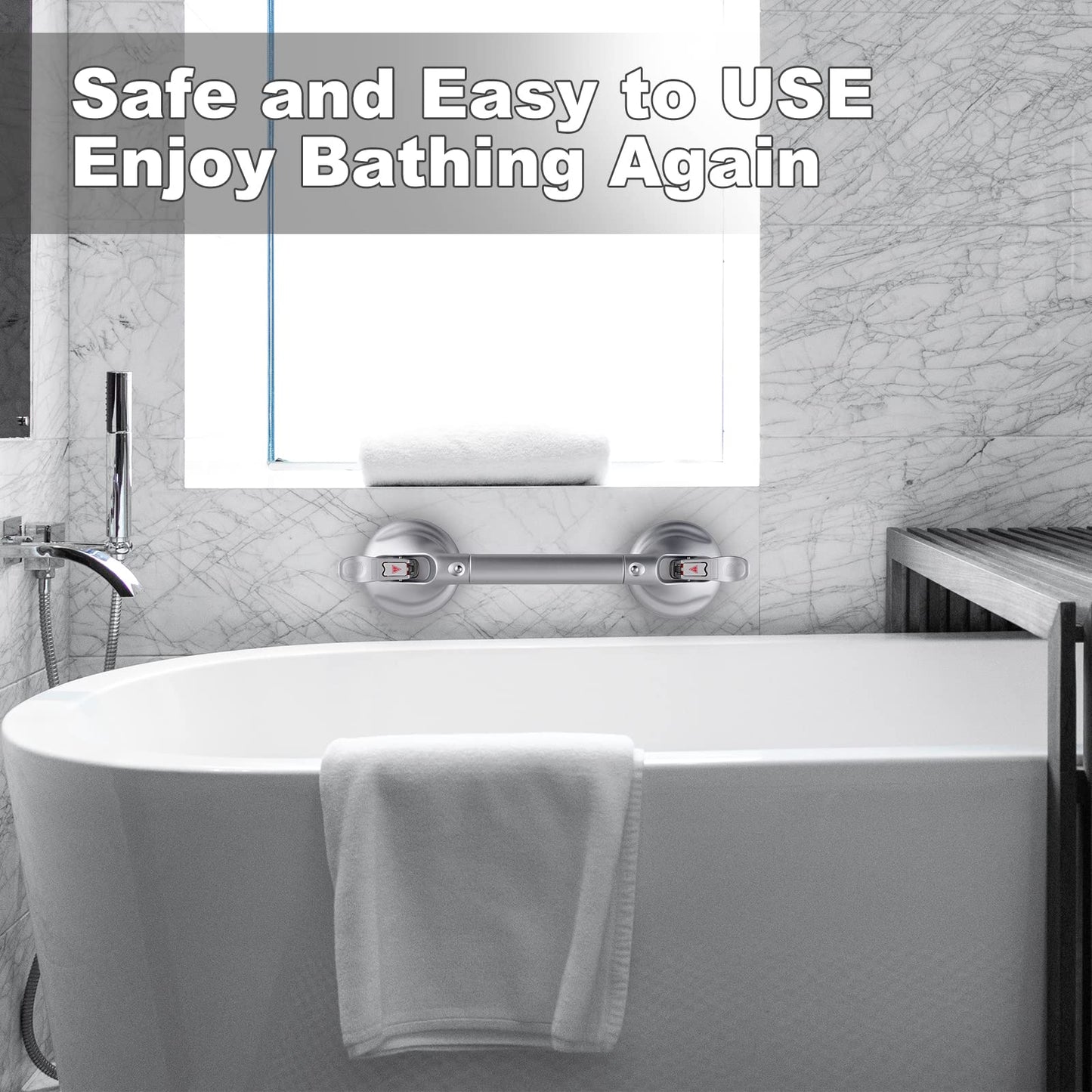 15-Inch Shower Handle - Upgraded Grab Bar with Strong Suction Cups for Bathtub & Shower Safety, Ideal for Seniors, Elderly, Disabled -Silver