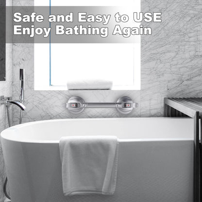 15-Inch Shower Handle - Upgraded Grab Bar with Strong Suction Cups for Bathtub & Shower Safety, Ideal for Seniors, Elderly, Disabled -Silver