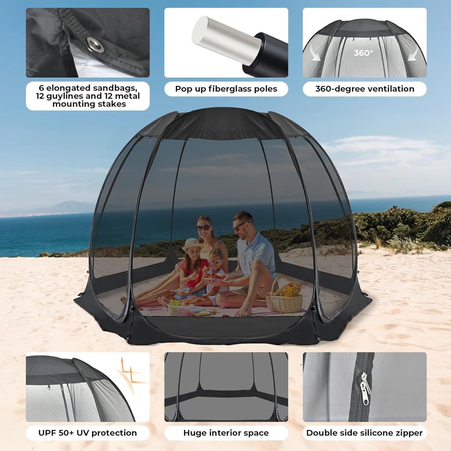 Alvantor Pop Up Screen House Tent, Instant Outdoor Gazebo with Mosquito Netting & UPF 50+ Sun Protection, Portable Canopy Shelter for Patio, Backyard, Camping (2-10 Person)