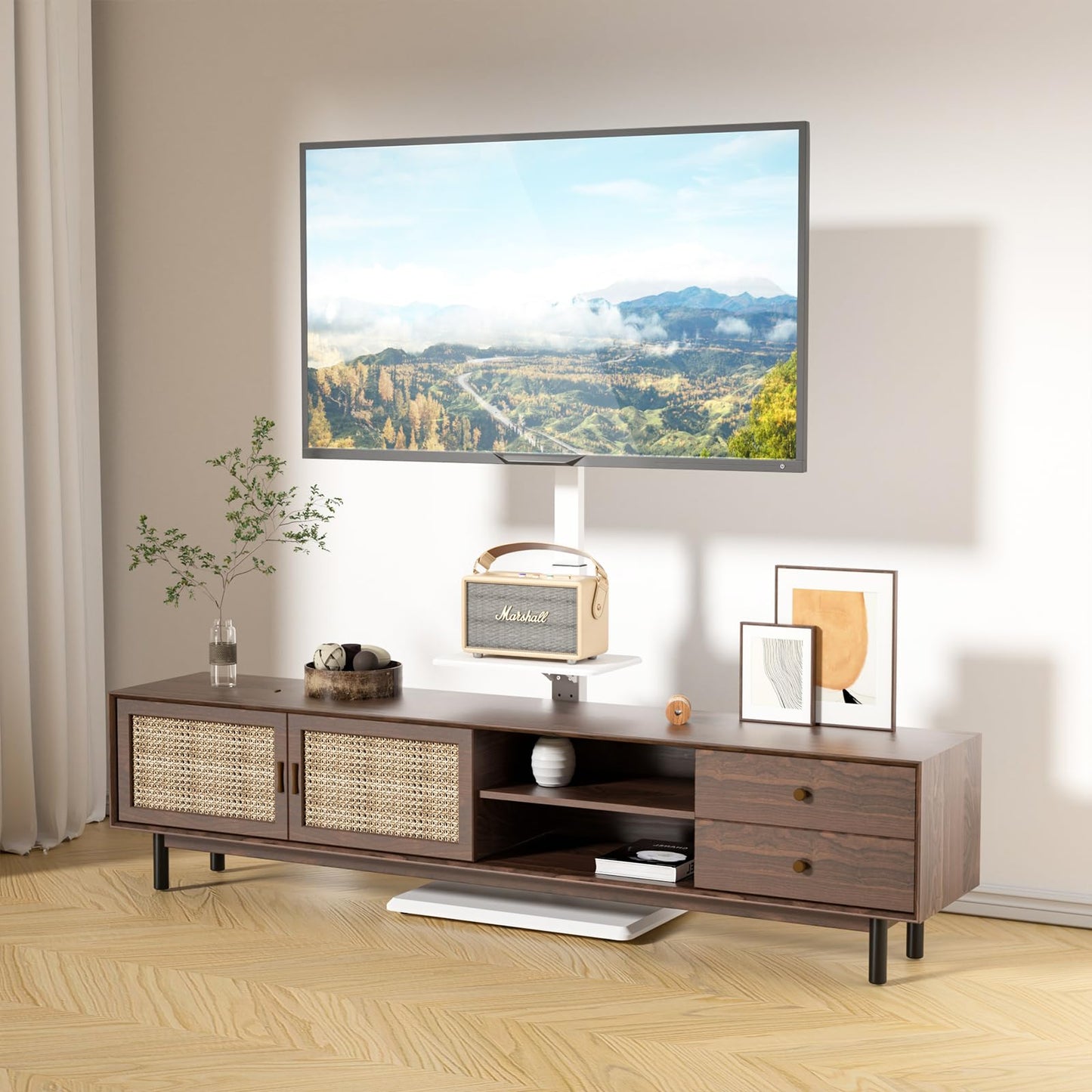 WALI Rolling TV Stand with Power Outlet & AV Shelf, Mobile Tall TV Stand Mount on Wheels for 34-75 inch TV up to 110 lbs, Swivel Height Adjustable TV Cart with Wood Base for Bedroom(TVDVD-6PRW), White