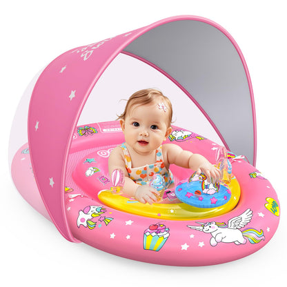 EZIGO Baby Pool Float with Canopy UPF50+ Sun Protection, Inflatable Kids Pool Floats with Ocean Animal Toys for Baby 6-36 Months, Infant Swimming Float with Adjustable Safety Seat for Boys Girls
