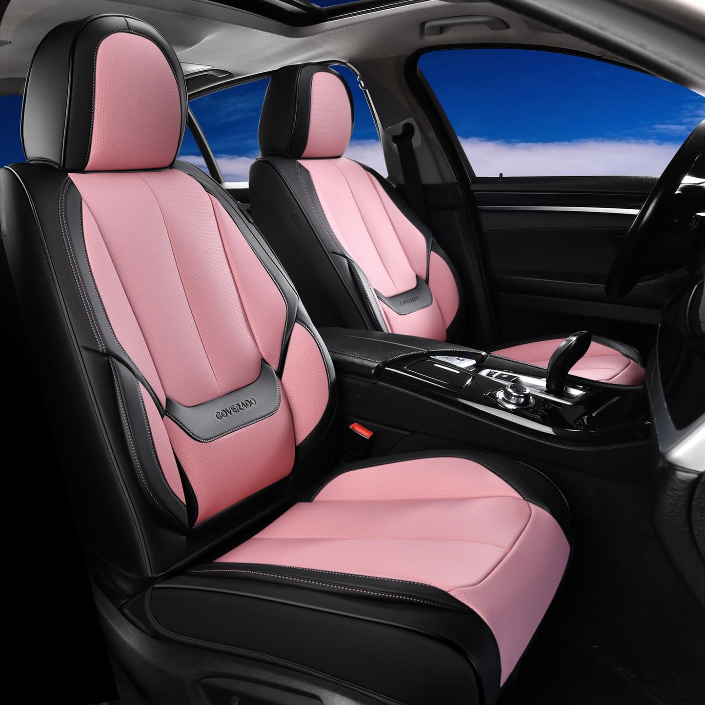 Coverado Car Seat Covers 5 Pieces, Full Set Universal Seat Covers for Cars, Waterproof Nappa Leather Auto Seat Protectors with Head Pillow, Car Interiors Fit for Most Sedans SUV Pick-up Truck, Black