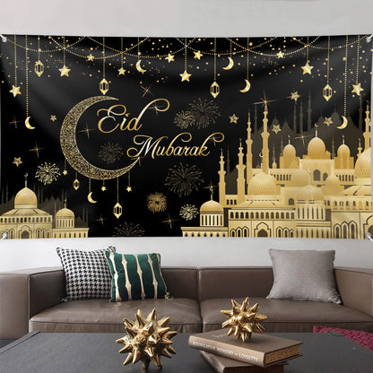 Pancarta Aviski Eid Mubarak de 78 x 43 pulgadas con fondo negro para decoraciones de fiesta musulmana