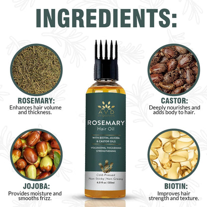 AVD Organics Rosmarinöl für Haarwachstum & Kopfhaut | Mit Biotin angereichert | Haarstärkend, pflegend und voluminös | Mit Jojoba- & Rizinusöl angereichert | GVO-frei 120ml