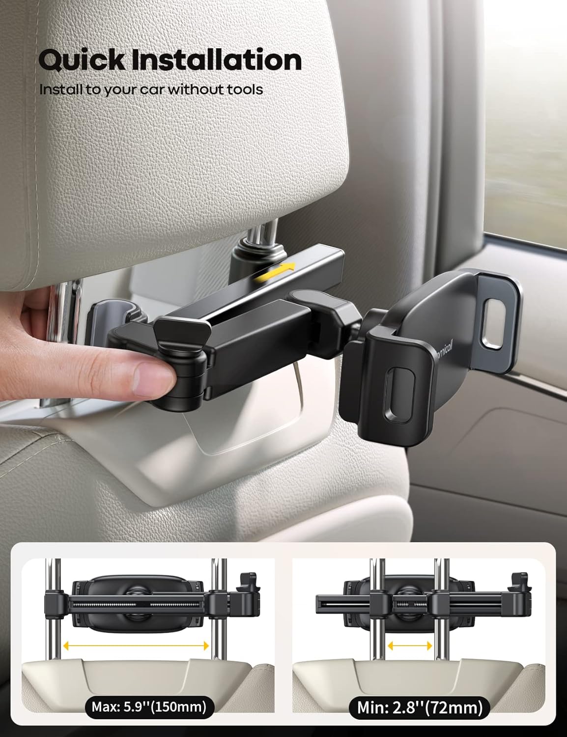 Lamicall Auto-Kopfstützenhalterung für Tablets – [Verlängerungsarm] Verstellbare iPad-Halterung für das Auto, Rücksitz, Must-haves für Roadtrips mit Kindern, 4,7-11" Tablet iPad Pro, Air, Mini, Galaxy, Fire, Schwarz