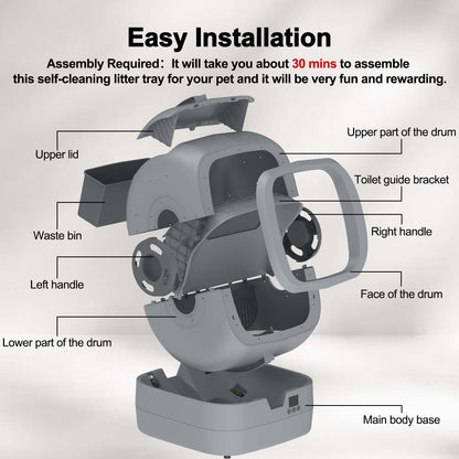 UPFAS Automatic Cat Litter Box Self Cleaning - APP Control - Weight Monitoring - Ultra-Quiet, Medium Cats and Kittens Litter Box, Safe Anti-Pinch【Assembly Required】- Grey