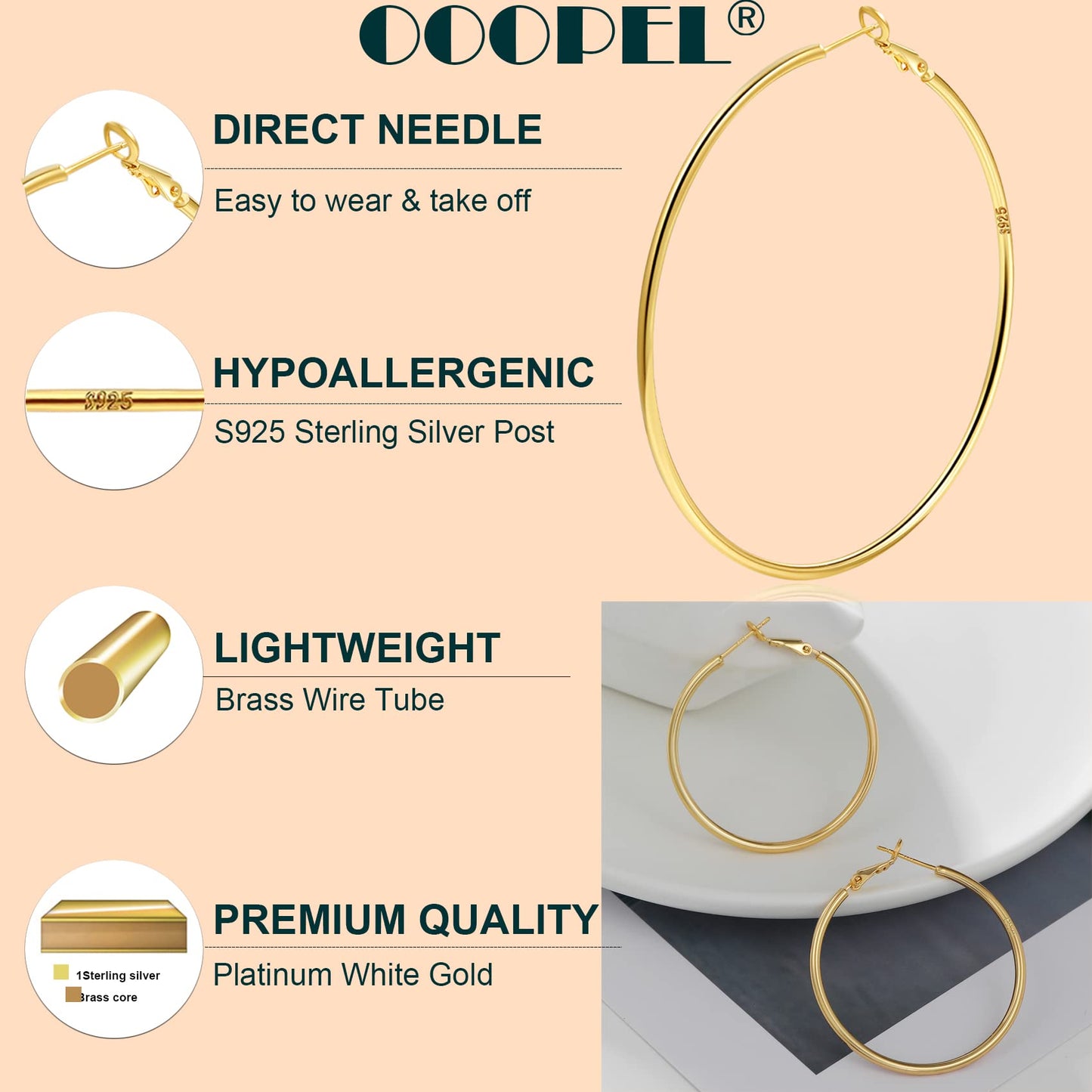 Große Gold Creolen für Frauen, Hypoallergene Dünne Gold Creolen, Sterling Silber Creolen für Damen, Extra Große, Mittelgroße, Große Creolen