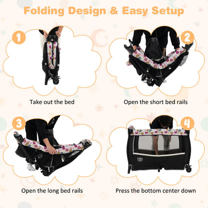 BABY JOY 4 in 1 Pack and Play, Portable Baby Playard with Bassinet & Flip-Away Changing Table, Canopy, Portable Bedside Crib with Storage Basket, Oxford Bag, Infant Bassinet from Newborn to Toddlers