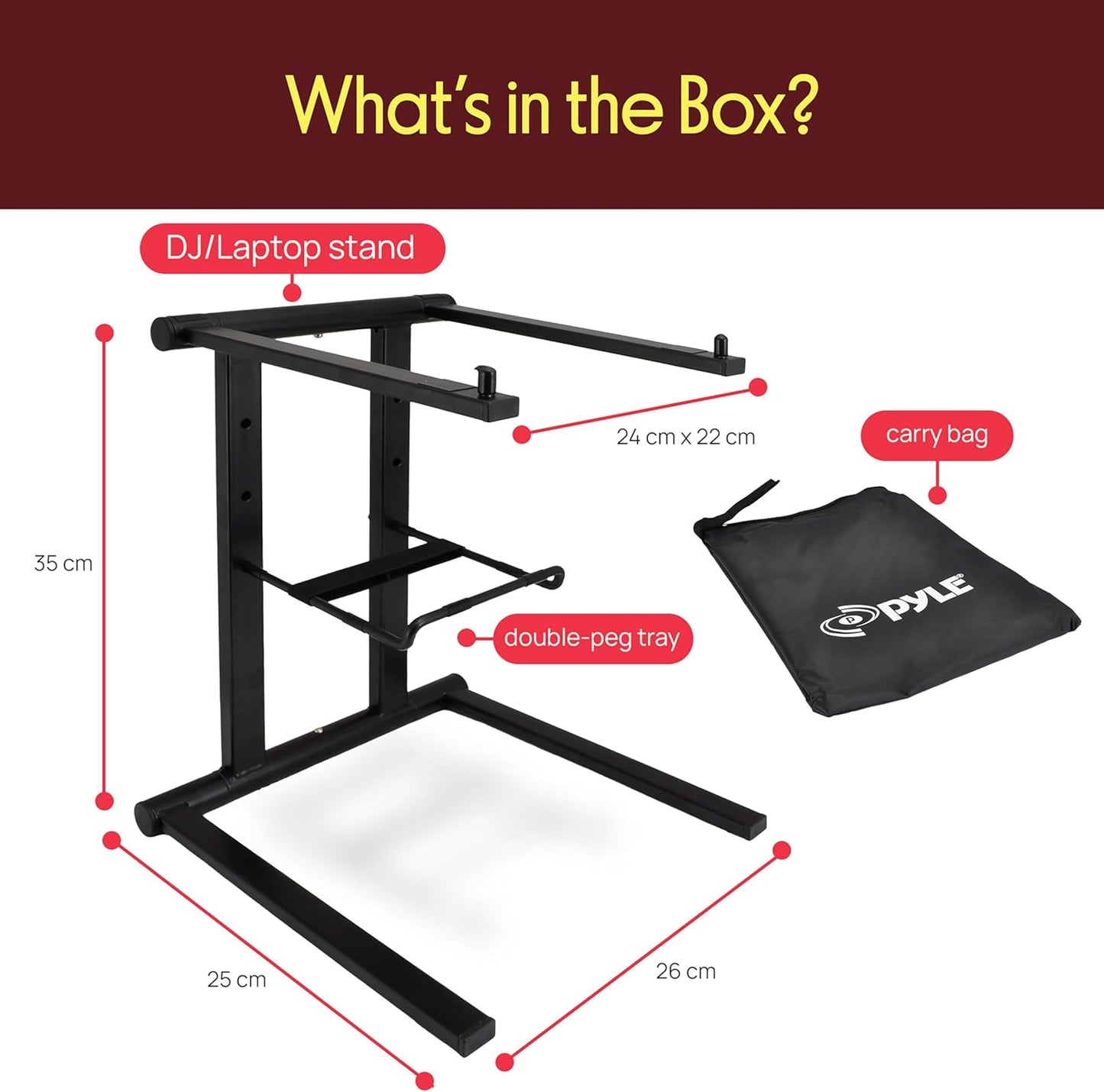 Pyle Portable Folding Laptop Stand - Foldable Laptop Stand with Adjustable Height, Secondary Accessory Tray for iPad, Tablet, DJ Mixer, Workstation, Gaming, Home Use and Carrying Bag Included