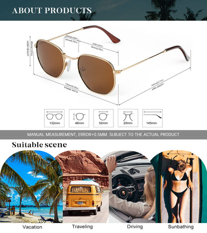 KALIYADI Sonnenbrillen für Damen und Herren Polarisiert Hexagon Damensonnenbrillen Trendy Metallrahmen UV-Schutz (Gold Rahmen Grau Linse)