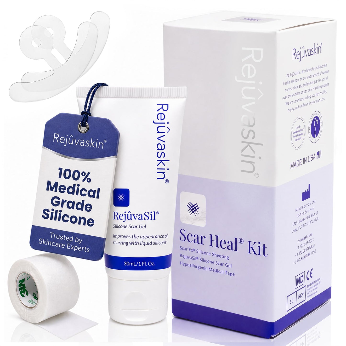 Rejuvaskin Scar Heal Kit for Breast Scars, Soften, Flatten, Reduce and Recover, Silicone Sheeting, RejuvaSil Gel & Medical Tape, Breast Anchor Pair
